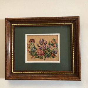 Vintage petit point needlework flowers framed small wall decor